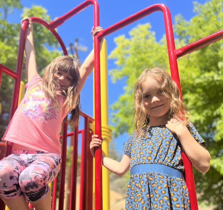 two young children on jungle gym.